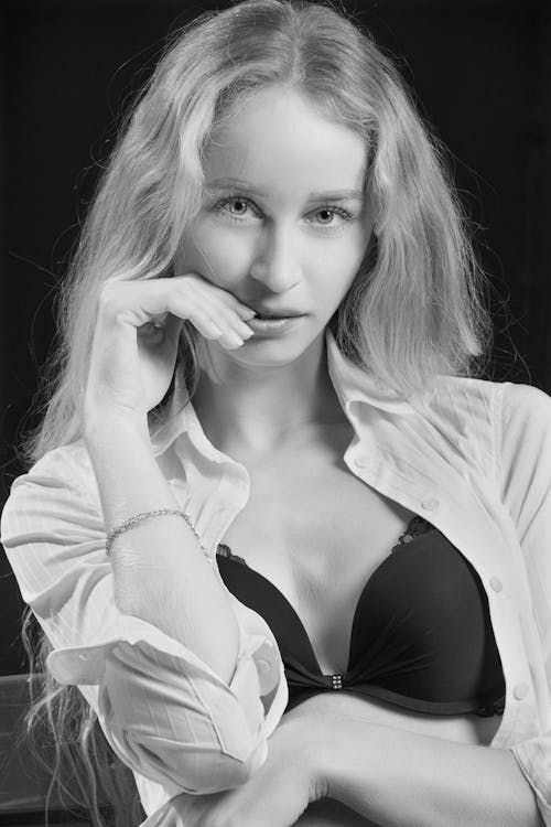 Blonde Posing in Bra in Black and White