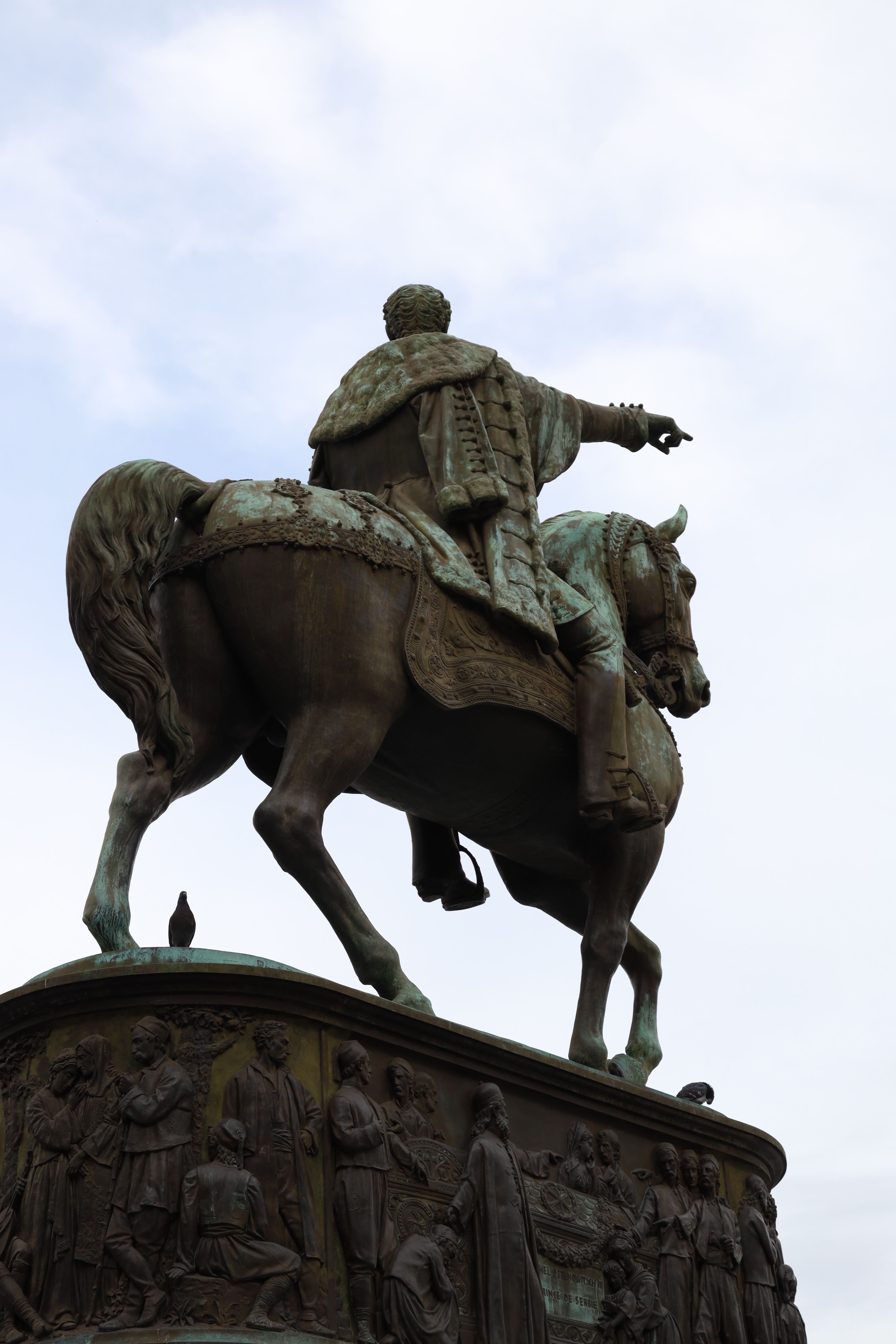 Low angle view of the iconic equestrian statue of Prince Mihailo at Republic Square in Belgrade, Serbia.