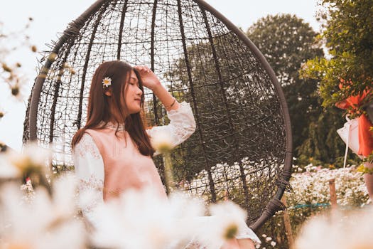 一位娴静的女子在鲜花盛开的花园里荡着柳条秋千，享受着阳光明媚的一天