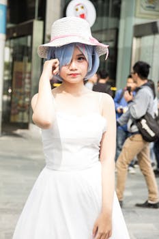 A young woman with blue hair in a white dress and hat posing on a city street.