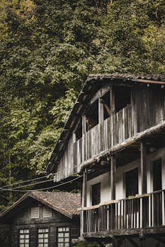 Old wooden house with balconies surrounded by lush green forest, showcasing rustic architecture.