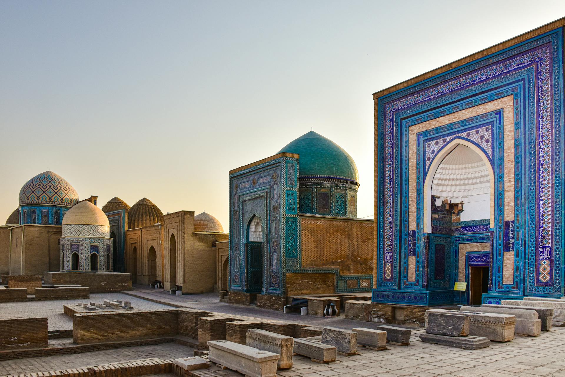 Beautiful architectural detail of Shah-i-Zinda Necropolis in Samarkand, Uzbekistan at sunset.