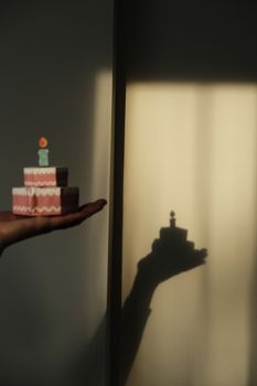 Artistic shot of a small birthday cake casting a shadow on a wall.