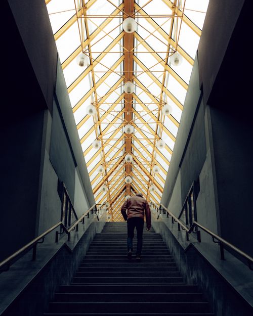 Free Low angle shot of a man walking up stairs under a futuristic glass ceiling. Stock Photo