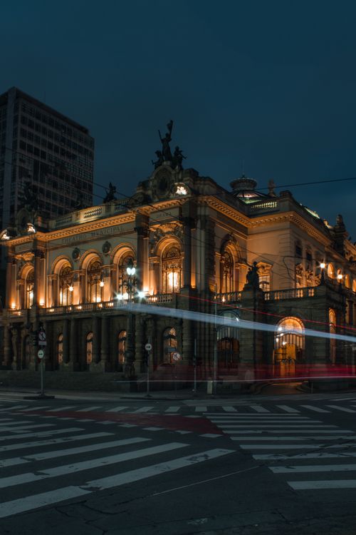Free Stunning night view of the illuminated Municipal Theatre in São Paulo, Brazil. Stock Photo