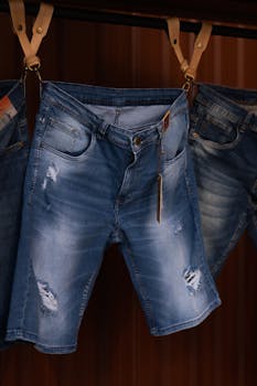 Stylish blue denim shorts with distressed details hanging on a wooden display rack.
