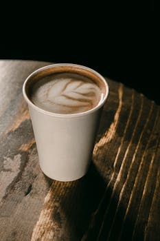Close-up of a coffee with froth art in a paper cup on a rustic wooden table.