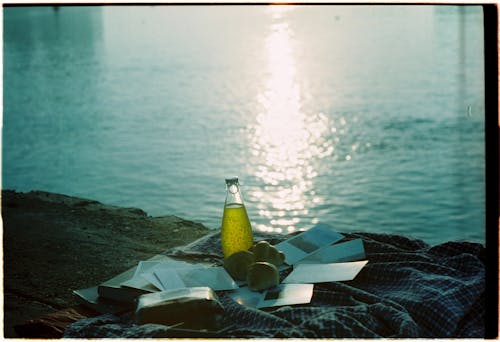 Juice and Fruit on Blanket near Water