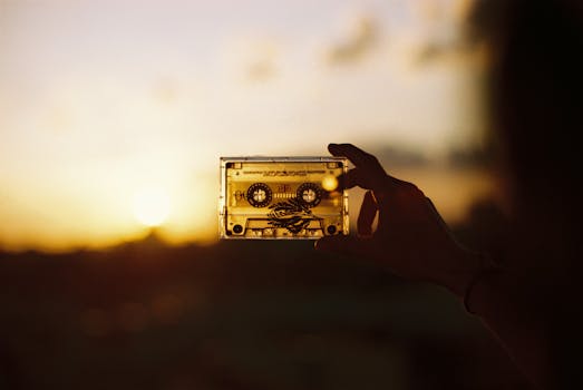 Person holding a cassette tape against a warm, sunset backdrop, creating a nostalgic silhouette effect.