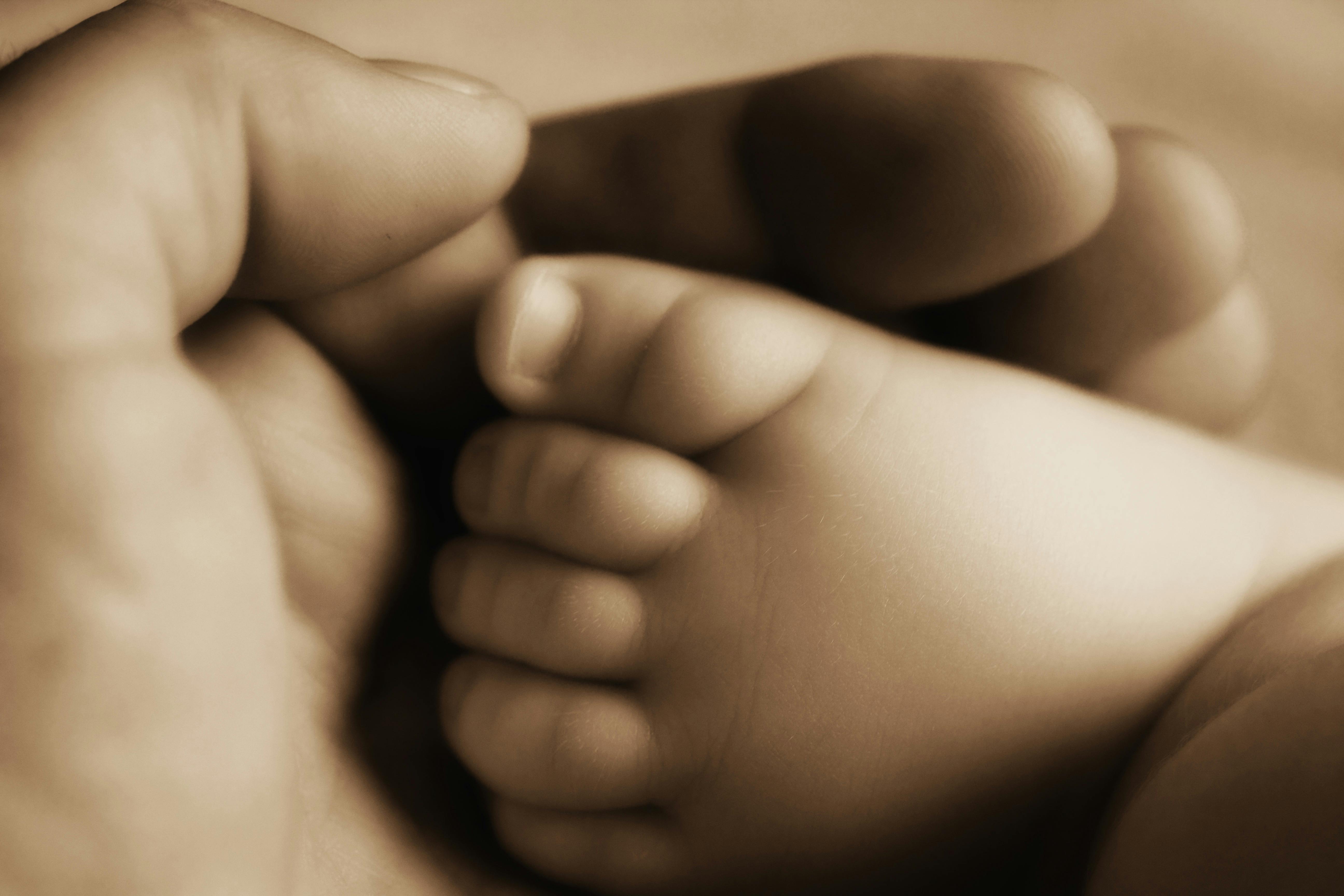 person holding baby s foot