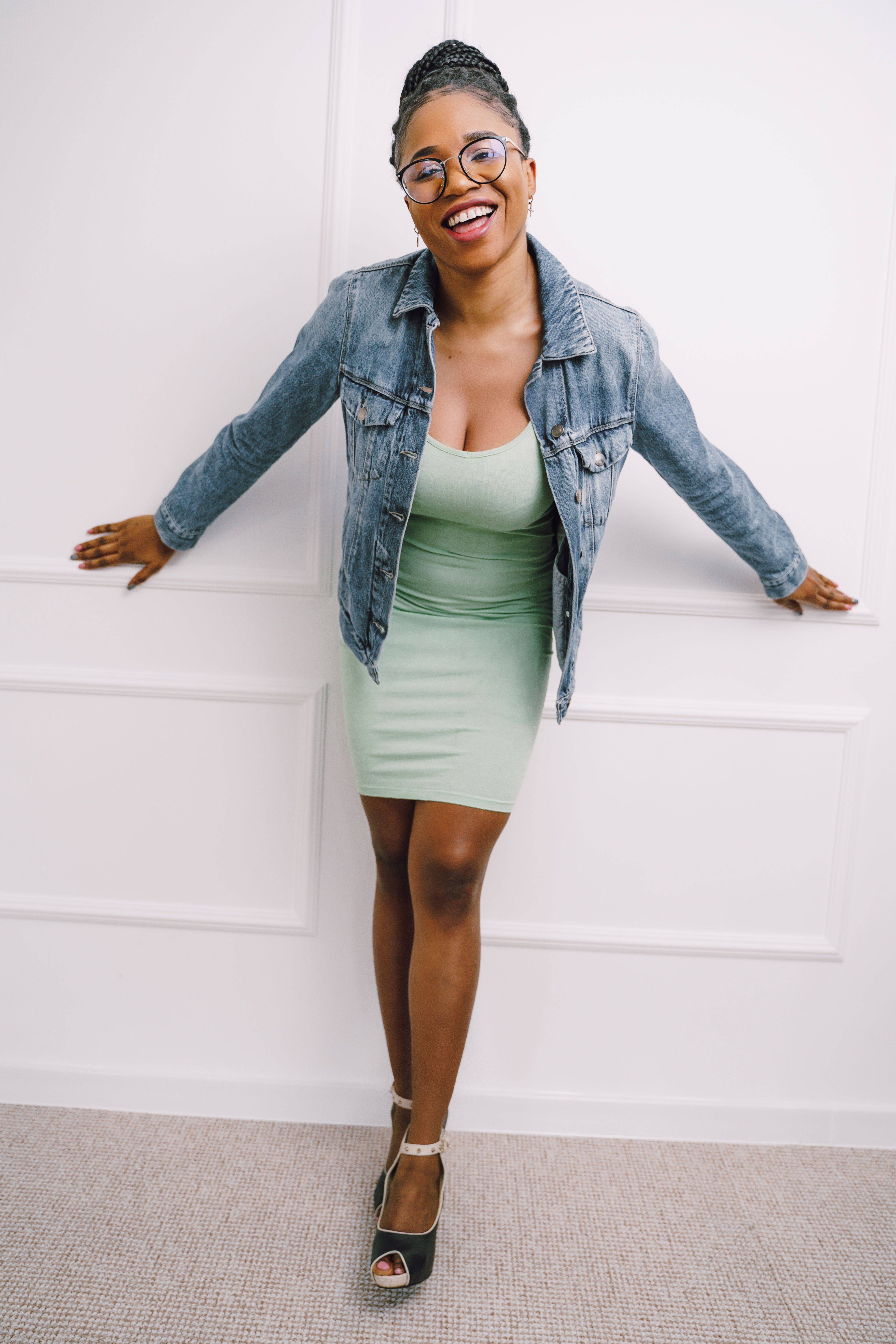 denim jacket with green dress Erin Dress