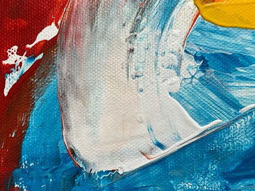 Free Close-up of a vibrant abstract painting with red, blue, and white textures on canvas. Stock Photo