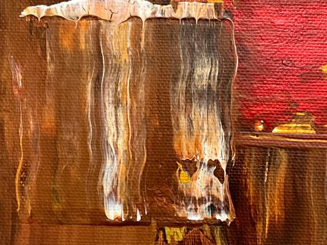 Modern abstract painting featuring textured brush strokes in brown and red hues.