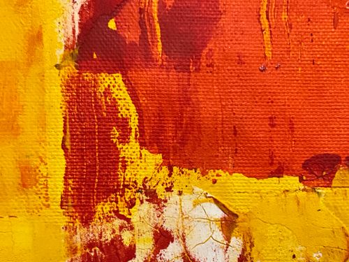 Free Close-up of red and yellow abstract paint strokes on textured canvas, exuding energy. Stock Photo