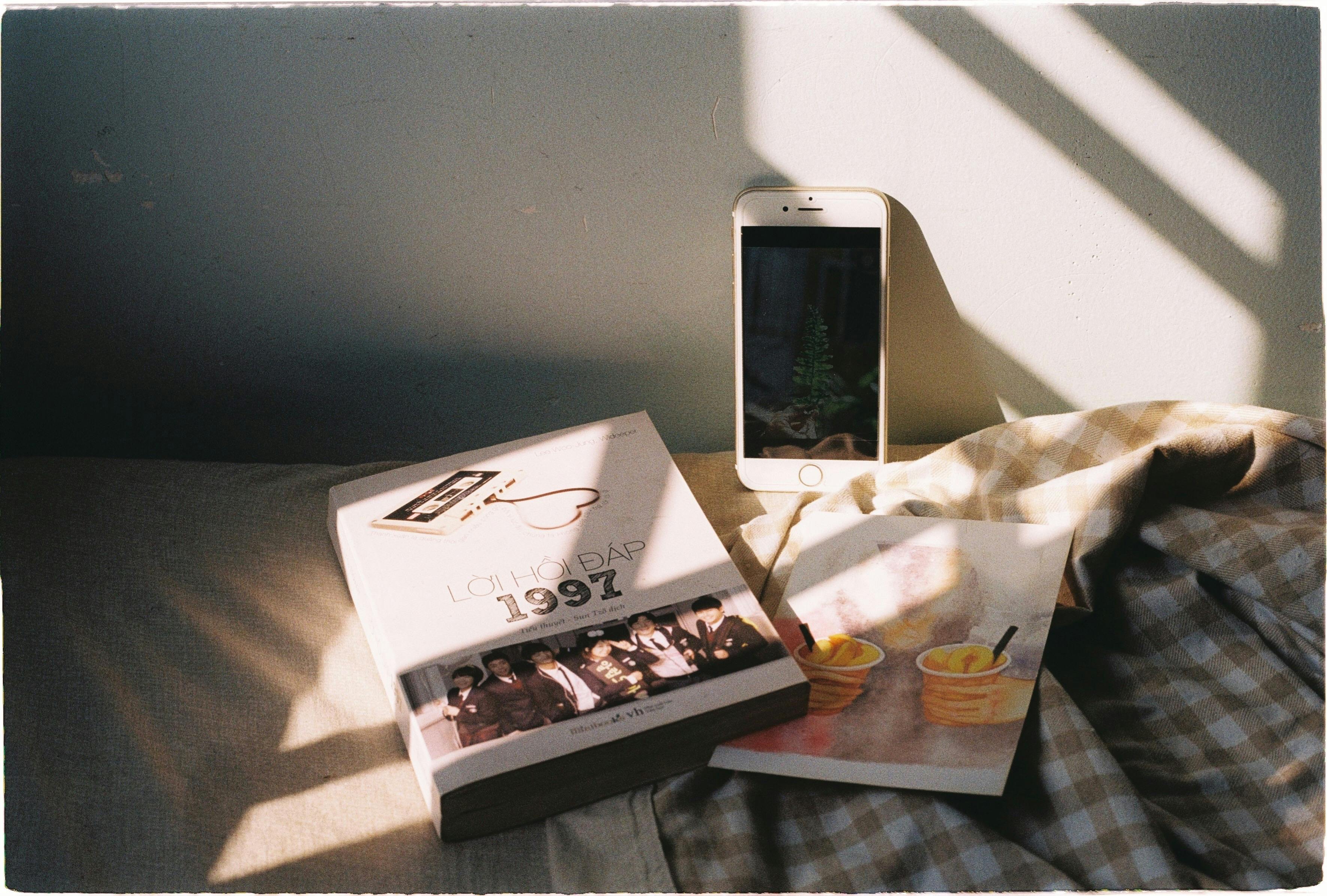 A cozy scene with a book and smartphone resting on a blanket in warm sunlight.