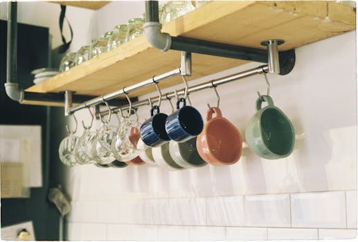 Close-up of colorful mugs hanging under a wooden shelf in a cozy kitchen interior.