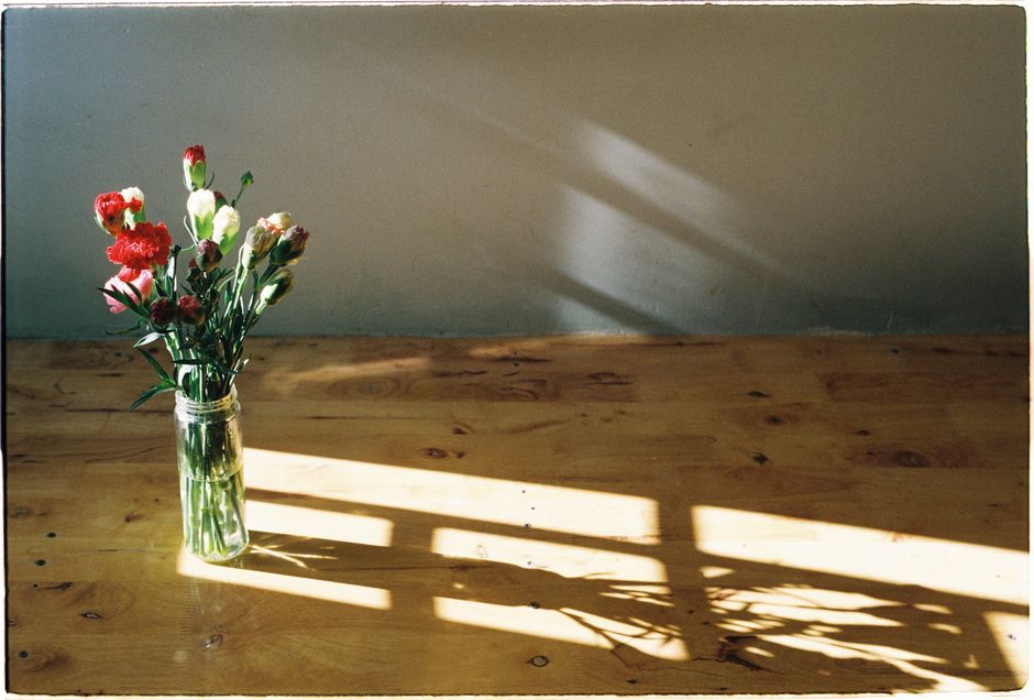 A sunlit bouquet of carnations casting shadows on a wooden table.