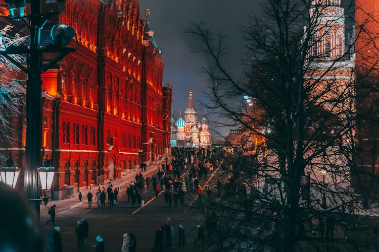 Moscow At Night With Saint Basils Cathedral Behind