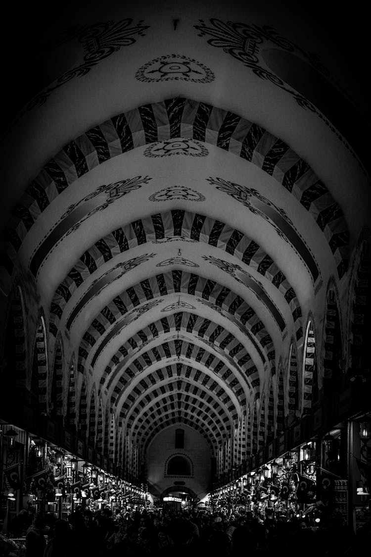 Black And White Photo Of A Market Hall In Turkey