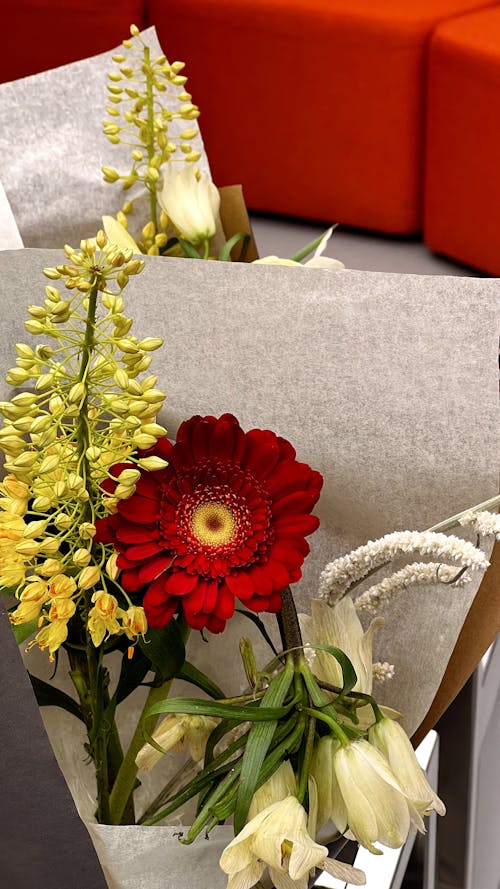 Bouquet of Colorful Flowers in Grey Wrapping Paper