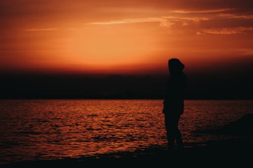 Silhouette of Woman Standing on Sea Shore at Sunset