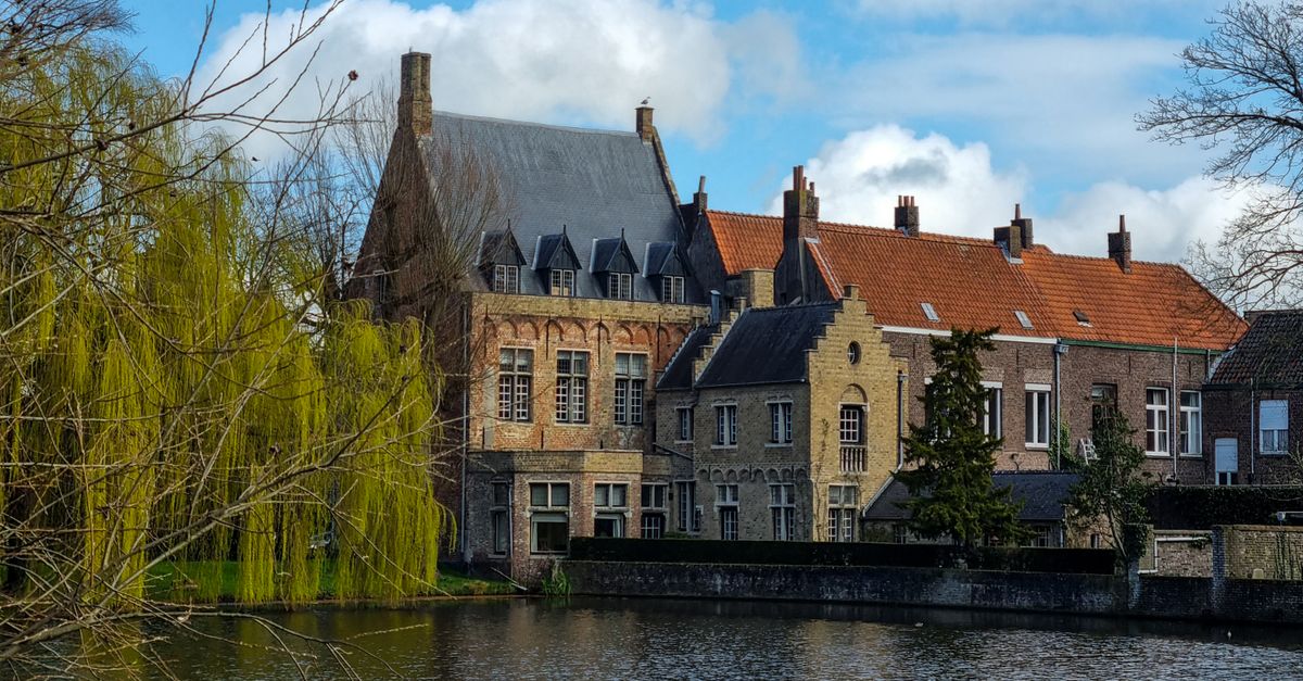 White houses along the Minnewater lake in Bruges on a clear day