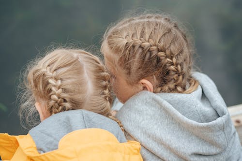 Back View of Two Little Girls with Dutch Braids Sitting Close