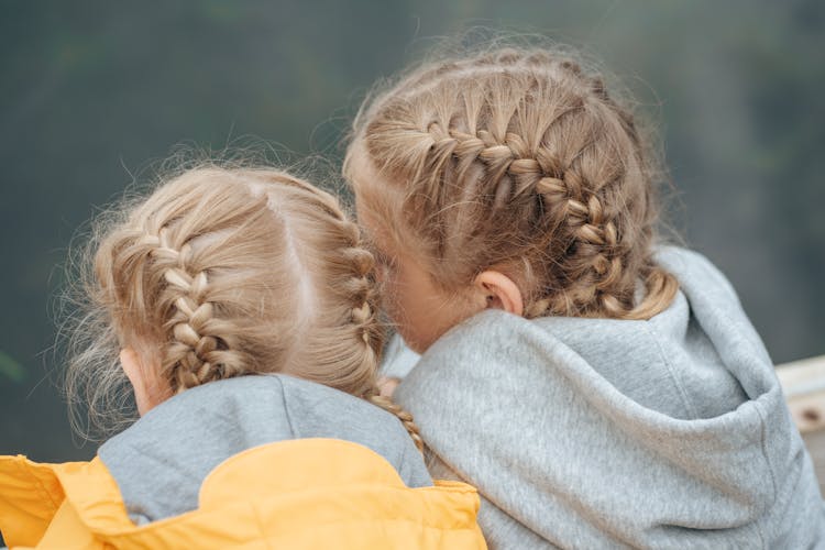 Back View Of Two Little Girls With Dutch Braids Sitting Close