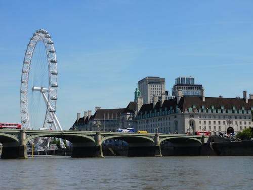 London Eye behind Bridge on Thames