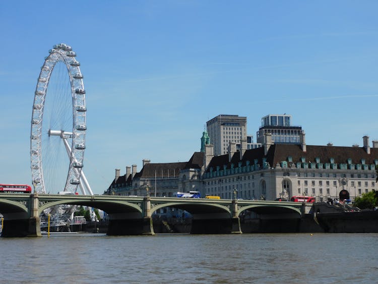 London Eye Behind Bridge On Thames