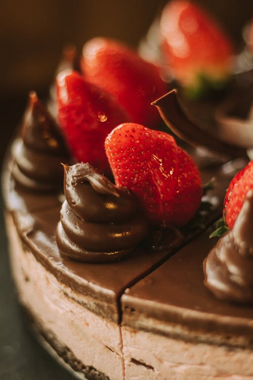 Closeup of Chocolate Cake Decorated with Strawberries