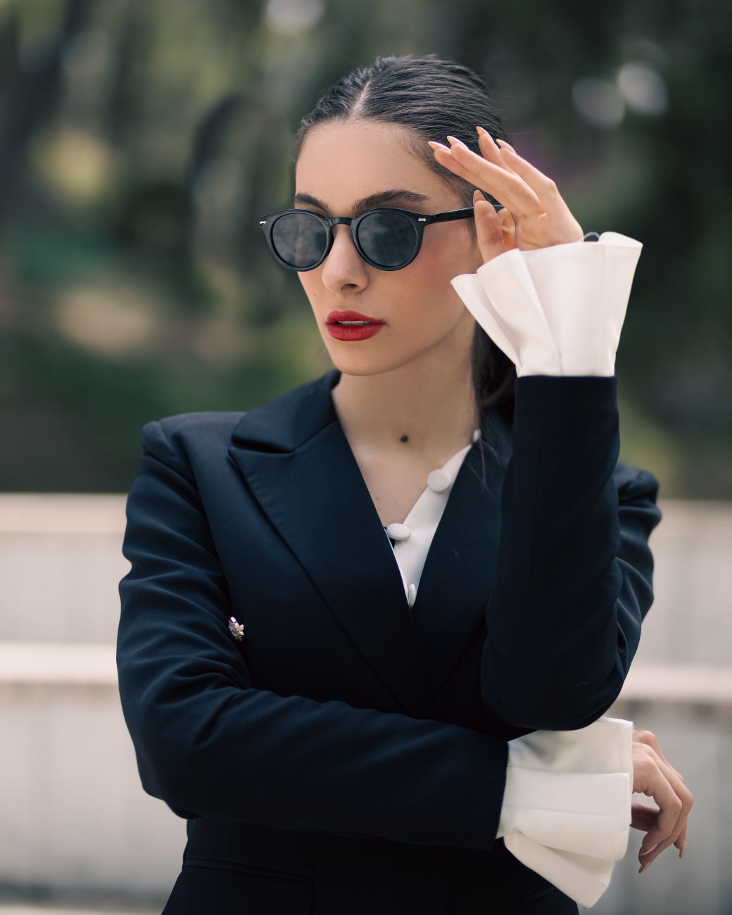 Model wearing Lokjon Coren tailored black fashion
