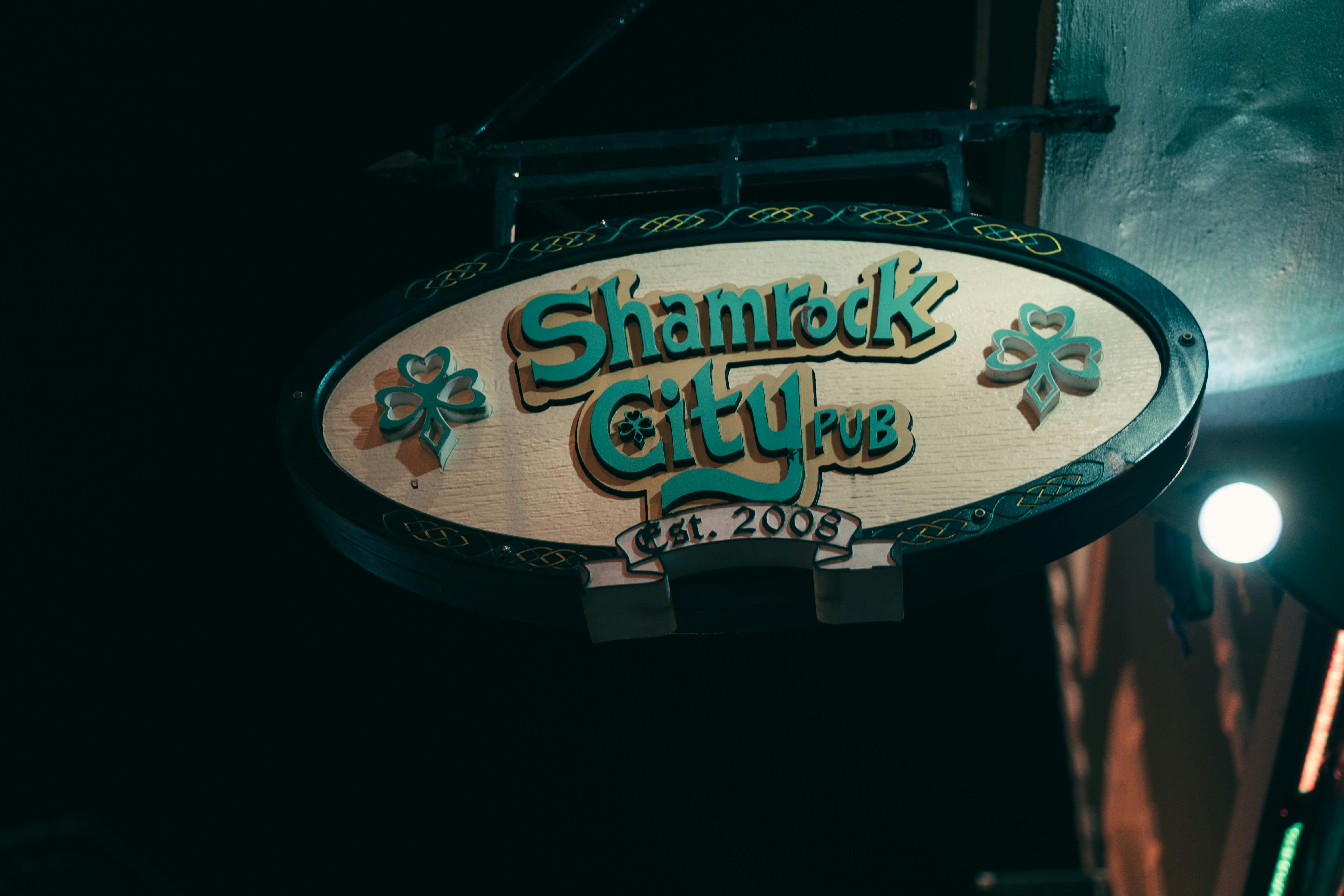 Night view of Shamrock City Pub signboard in St. John's, Canada.