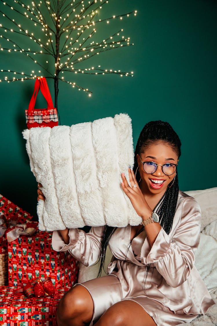 Smiling Woman Posing With Pillow