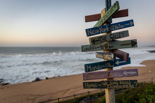 A vibrant signpost with city names at a beach on Dolphin Coast, South Africa.