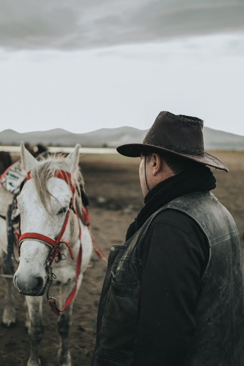 Free Man in Hat Standing near Horse Stock Photo