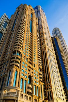 Stunning modern skyscrapers reaching the blue sky in Dubai Marina, showcasing innovative architectural design.