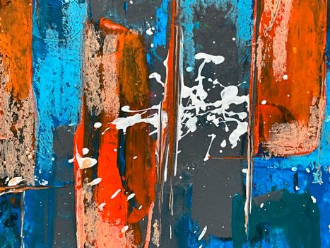 An energetic abstract painting featuring bold splashes of blue, red, and white acrylic paint.