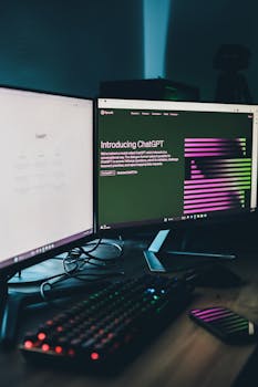 Dual monitors displaying ChatGPT website with illuminated keyboard and smartphone in a dark modern workspace.