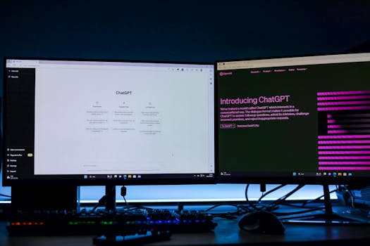 Dual computer monitors showcasing a chat interface in a technology workspace setting.