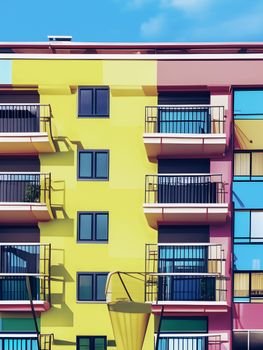 Colorful urban apartment building with balconies, showcasing modern architecture and vibrant facade.