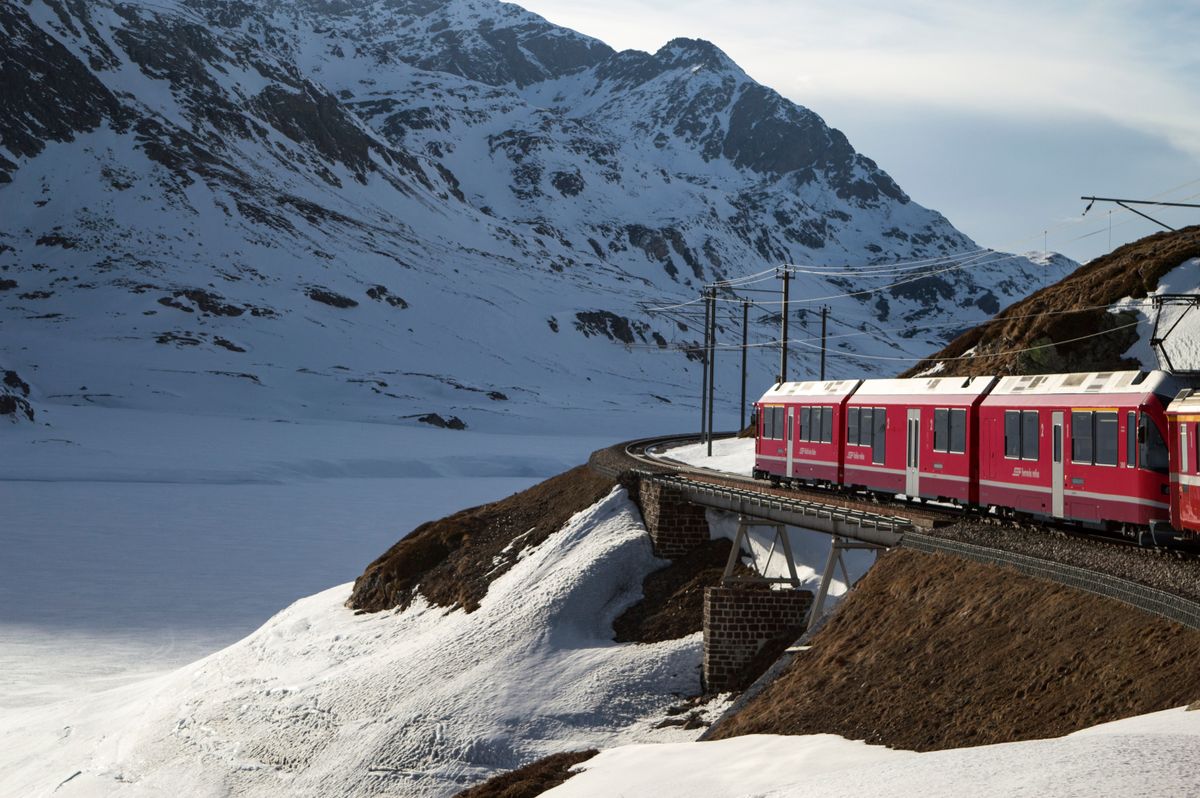 The Bernina Express on a viaduct in the Engadine