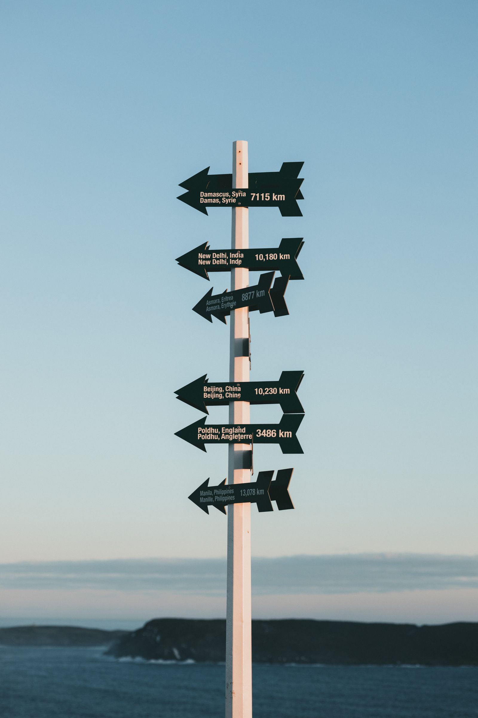 Signpost with multiple directional arrows pointing to different destinations against a blue sky