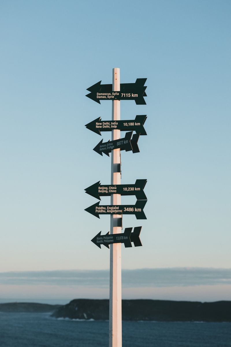 Signpost with multiple directional arrows pointing to different destinations against a blue sky