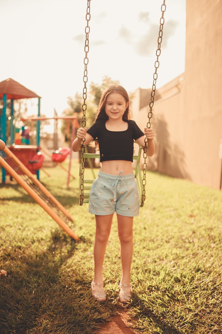 Brunette Girl In Black Top On Swing