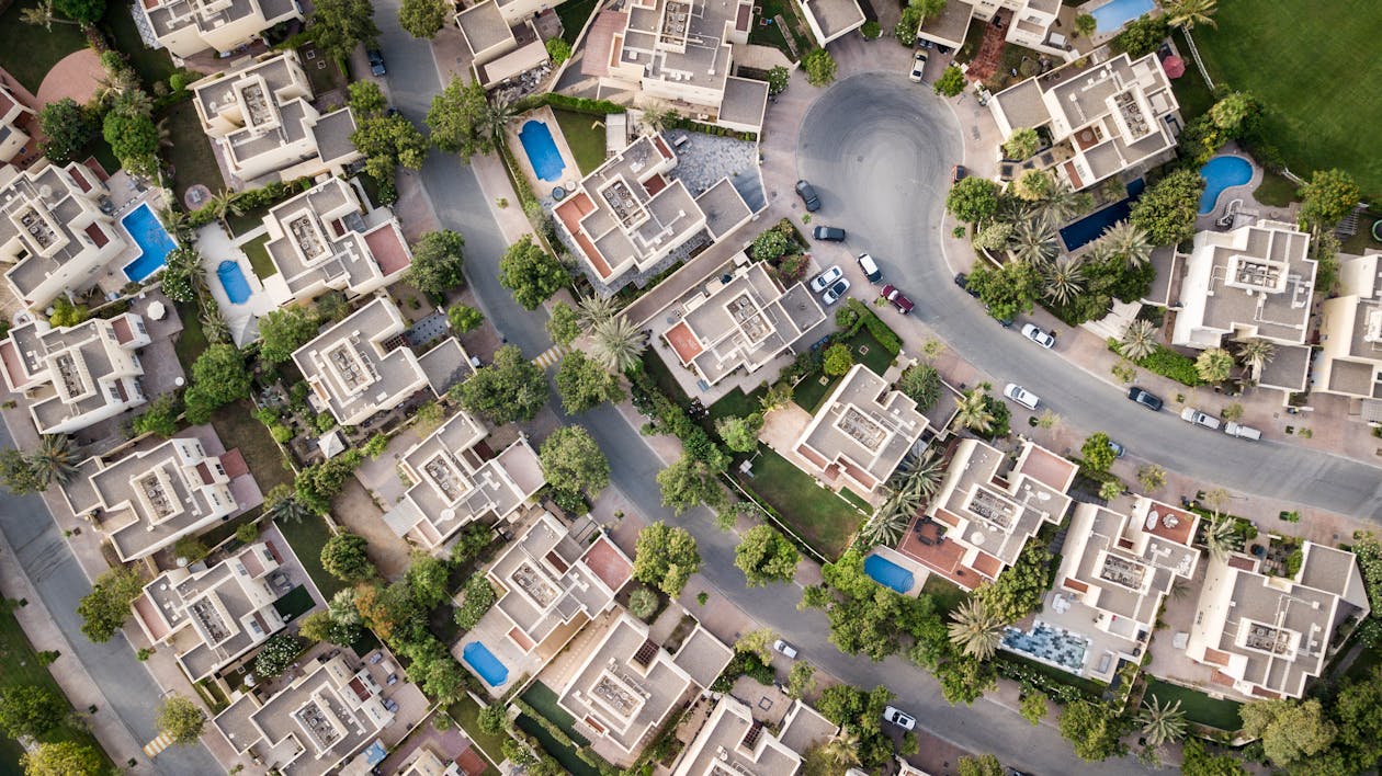 Aerial view of a neighborhood