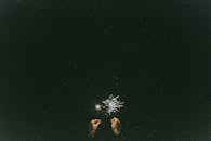 一个人手持点燃的烟花，对着漆黑的夜空绽放，营造出节日气氛