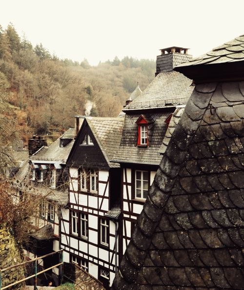 Free Traditional timber-framed houses in Monschau, Germany during fall season, showcasing historic architecture. Stock Photo