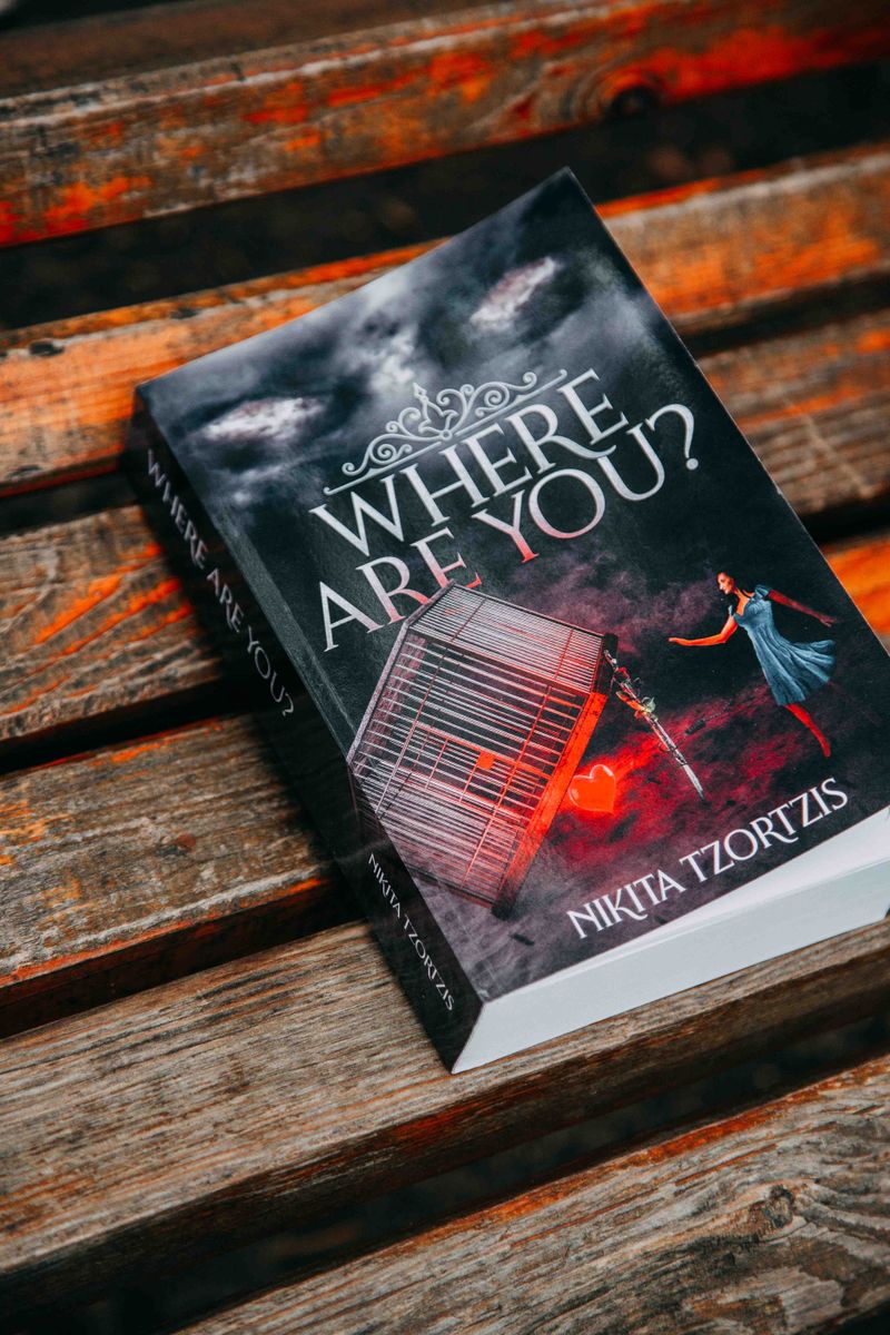 Book cover of 'Where Are You?' by Nikita Tzortzis placed on a wooden bench.