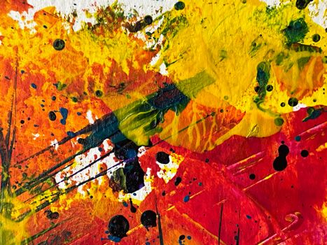 Dynamic abstract painting with vivid splashes of yellow, red, and blue, creating a modern artistic expression.